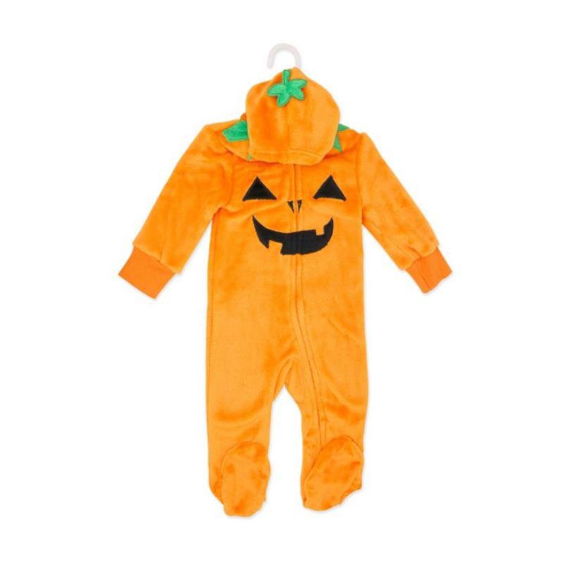 Hooded fleece pram suit for babies, styled as a pumpkin with a smiling face, featuring orange color and green leaf details.