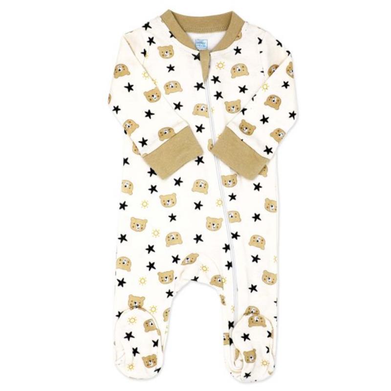 Baby neutral interlock coverall in tan with bear faces and stars design; features footed bottoms and zip closure.