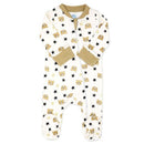 Baby neutral interlock coverall in tan with bear faces and stars design; features footed bottoms and zip closure.