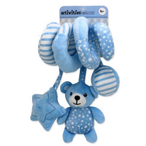 Blue Bear Spiral Activity Toy featuring a soft blue bear, star, and striped elements, designed for sensory play for infants.