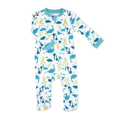 Boy’s interlock coverall featuring colorful dinosaur designs, with a light blue collar and cuffs.