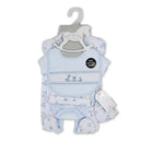 Boys 5-piece clothing set in light blue, featuring a shirt, bib, and pants, with a tag indicating a free gift bag included.