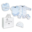 Boys 5-piece clothing set in blue hues including a bodysuit, onesie, bib, socks, and hat, with a gift bag.