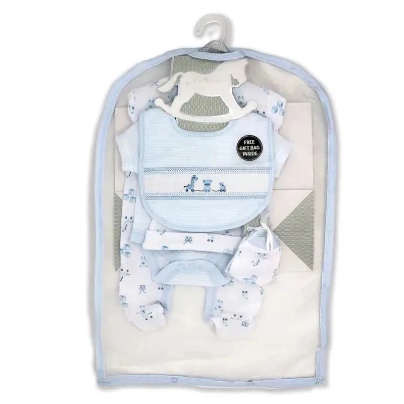 Boys 5-piece clothing set in light blue, including bib, onesie, pants, and socks, with a gift bag indicated.