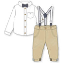 Boys suspender bowtie set featuring a white button-up shirt with a black bowtie and tan suspenders with matching pants.