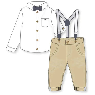 Boys suspender bowtie set featuring a white button-up shirt with a black bowtie and tan suspenders with matching pants.