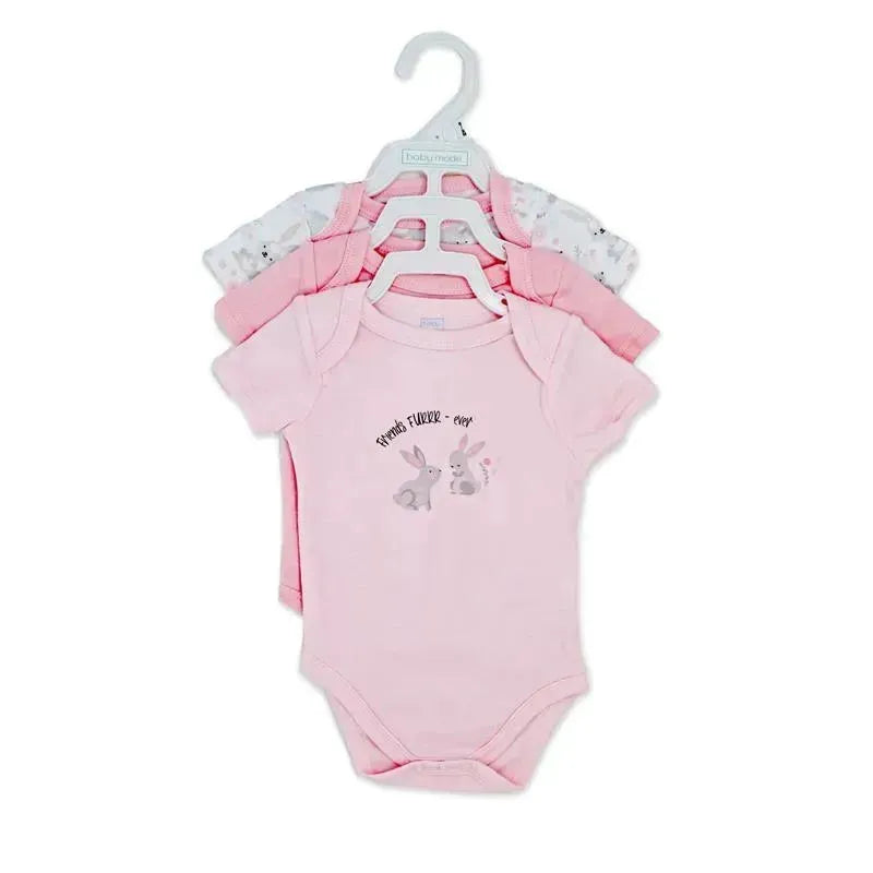 Three-pack bodysuit set for girls by Rose Textiles featuring bunny designs, with one pink bodysuit and two patterned options.