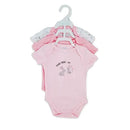 Three-pack bodysuit set for girls by Rose Textiles featuring bunny designs, with one pink bodysuit and two patterned options.