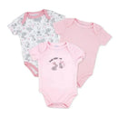 Three-pack bodysuit set for girls featuring a floral bunny print, a pink bodysuit with bunny graphic, and a solid pink bodysuit.