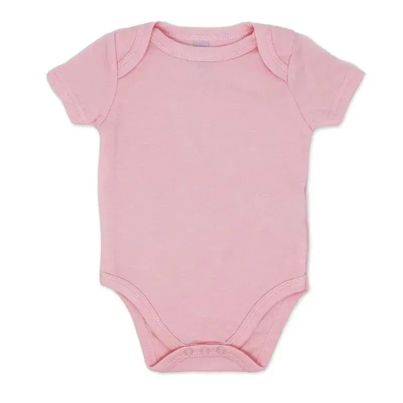 Light pink bodysuit for girls, featuring short sleeves and snap closures at the bottom. Part of a three-pack set.