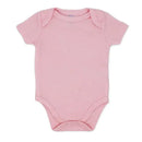Light pink bodysuit for girls, featuring short sleeves and snap closures at the bottom. Part of a three-pack set.