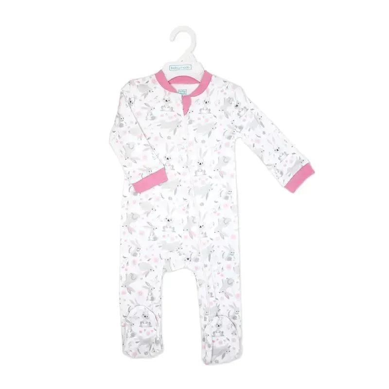 Girls interlock coverall featuring a bunny print, with pink cuffs and collar, ideal for comfortable wear.