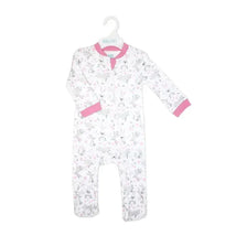 Girls interlock coverall featuring a bunny print, with pink cuffs and collar, ideal for comfortable wear.