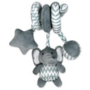 Grey elephant activity toy with spiral design, featuring a plush elephant, star, and textured rings for sensory play.