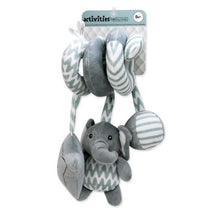Grey elephant spiral activity toy featuring plush rings and a central elephant character, designed for infants.