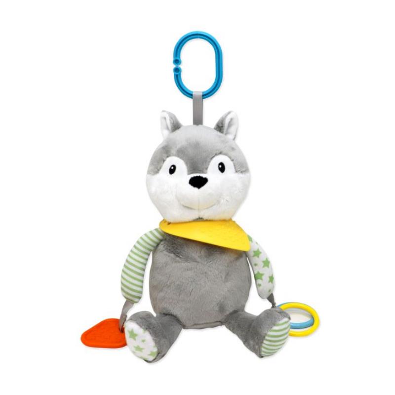 Plush sage wolf activity toy with a yellow bandana, multicolored clip, and various textures for sensory play.