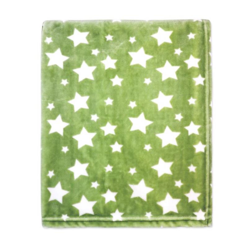 Sage green plush blanket with white star patterns, designed for children as an activity toy.