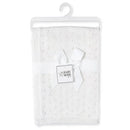 Pointelle knit white blanket tied with a ribbon and tag, designed for babies, featuring a delicate texture.