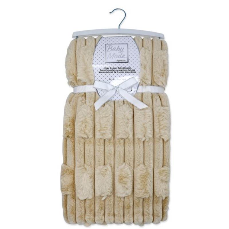 Tan fleece blanket for babies with a soft, plush texture, featuring a tied ribbon and packaging label.