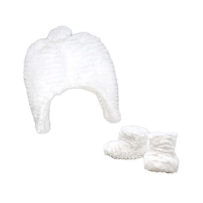 White plush hat with a pom-pom and matching booties from the Rose Textiles Ridge Plush Hat & Bootie Set.