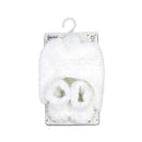 White plush hat and bootie set for infants, featuring soft fabric and a folded design, suitable for 0-6 months.