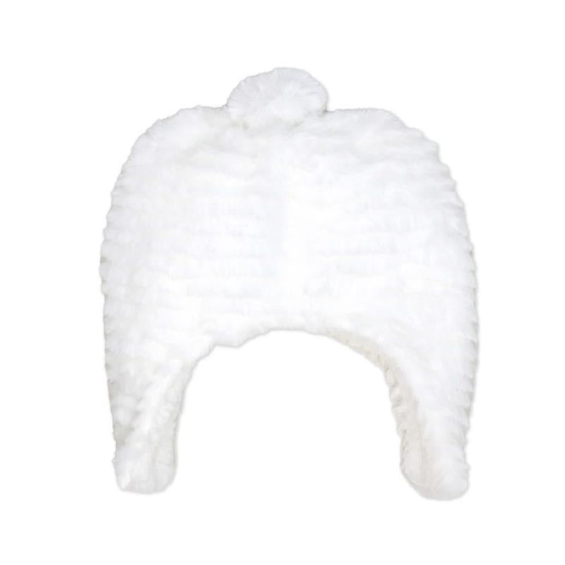 White plush hat with a textured design and a pom-pom on top, part of the Rose Textiles Ridge Plush Hat & Bootie Set.