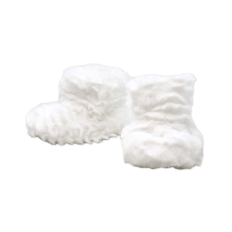 White plush booties from the Rose Textiles Ridge Plush Hat & Bootie Set, featuring a soft, fluffy texture.
