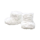White plush booties from the Rose Textiles Ridge Plush Hat & Bootie Set, featuring a soft, fluffy texture.