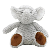 Ridged plush grey elephant toy with textured fabric and brown foot accents, ideal for cuddling and play.