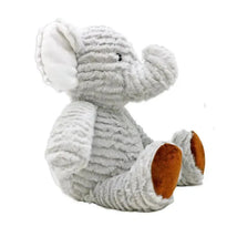 Ridged plush grey elephant toy with soft grey fabric and brown feet, designed for cuddling and play.