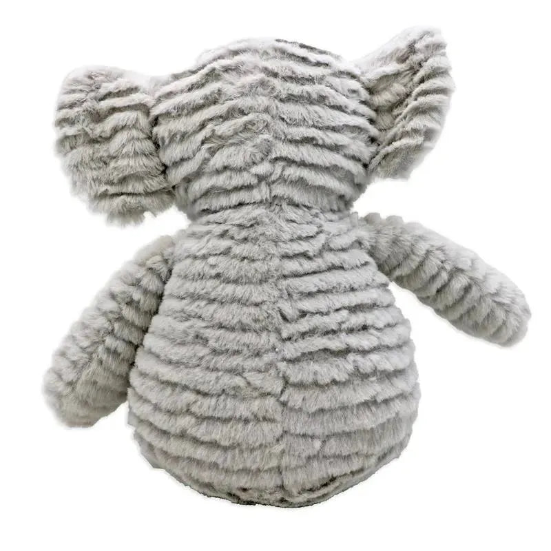 Grey ridged plush elephant toy with large ears and a soft texture, ideal for cuddling.