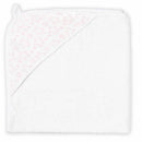 Muslin-lined hooded towel in pink with star patterns, designed for infants, featuring a soft white fabric.