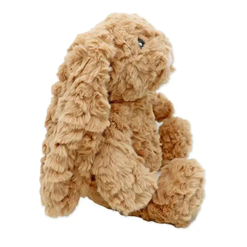 Textured plush bunny in a sitting position, featuring soft, light brown fur and black button eyes.
