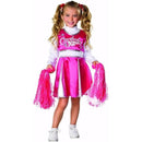 Toddler girl wearing a pink cheerleader costume with white sleeves, holding pink pom-poms, smiling.