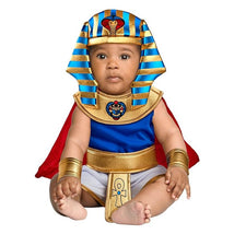 Toddler wearing a Rubies Forum King Tut costume, featuring a blue tunic, gold accents, and an Egyptian-style headdress.
