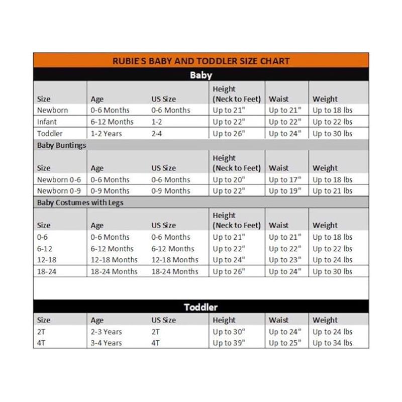 Rubies toddler size chart for baby and toddler costumes, including age, size, height, waist, and weight information.