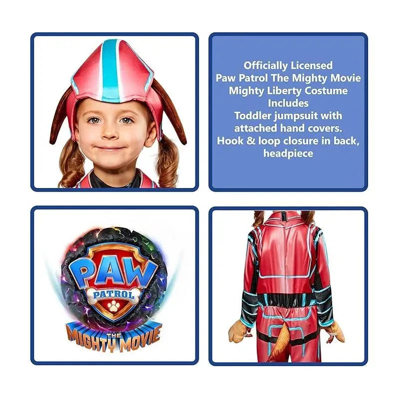 Toddler wearing a Paw Patrol Mighty Liberty costume, featuring a pink headpiece and red jumpsuit with tail.