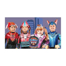Four children wearing colorful Paw Patrol Mighty Liberty costumes, each resembling different characters, with playful expressions.
