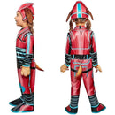 Toddler wearing a red and blue Paw Patrol Mighty Liberty costume, complete with a hat and tail, smiling.