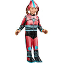 Toddler wearing a red and black Paw Patrol Mighty Liberty costume with blue accents and ears, smiling and posing.