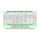 Rubies toddler size chart detailing measurements for costumes, including age, height, weight, chest, waist, inseam, and sleeve.
