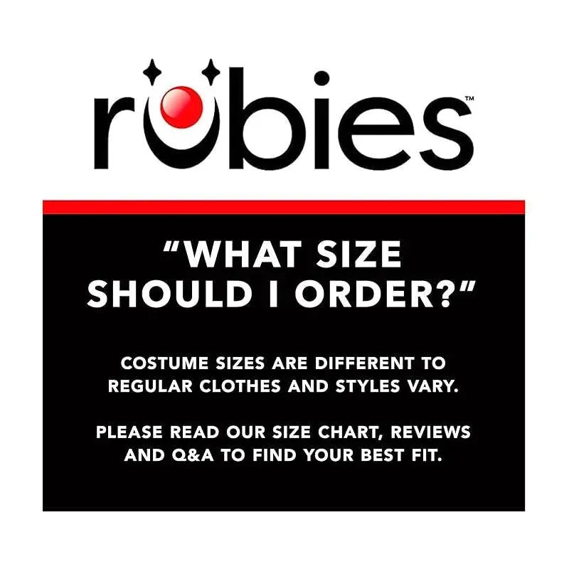 Costume size guidance for Rubies, emphasizing differences from regular clothing sizes and advising to check size chart.