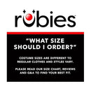 Costume size guidance for Rubies, emphasizing differences from regular clothing sizes and advising to check size chart.