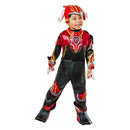 Toddler in a Paw Patrol Mighty Marshall costume, wearing a red and black outfit with a dog hat and smiling.