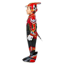 Toddler wearing a Rubies Paw Patrol Mighty Marshall costume with a red fireman suit, helmet, and spotted ears.