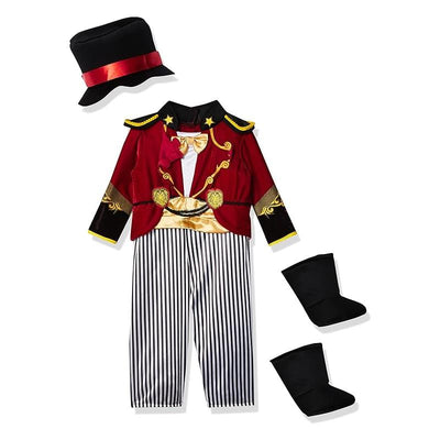 Rubies Ringmaster Infant/Toddler Costume featuring a red jacket, striped pants, black boots, and a matching hat.