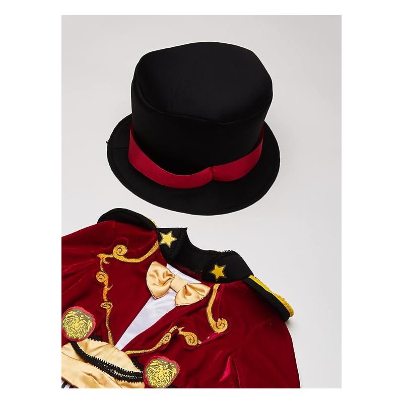 Red and gold ringmaster costume jacket with a black top hat featuring a red ribbon. Ideal for infants and toddlers.