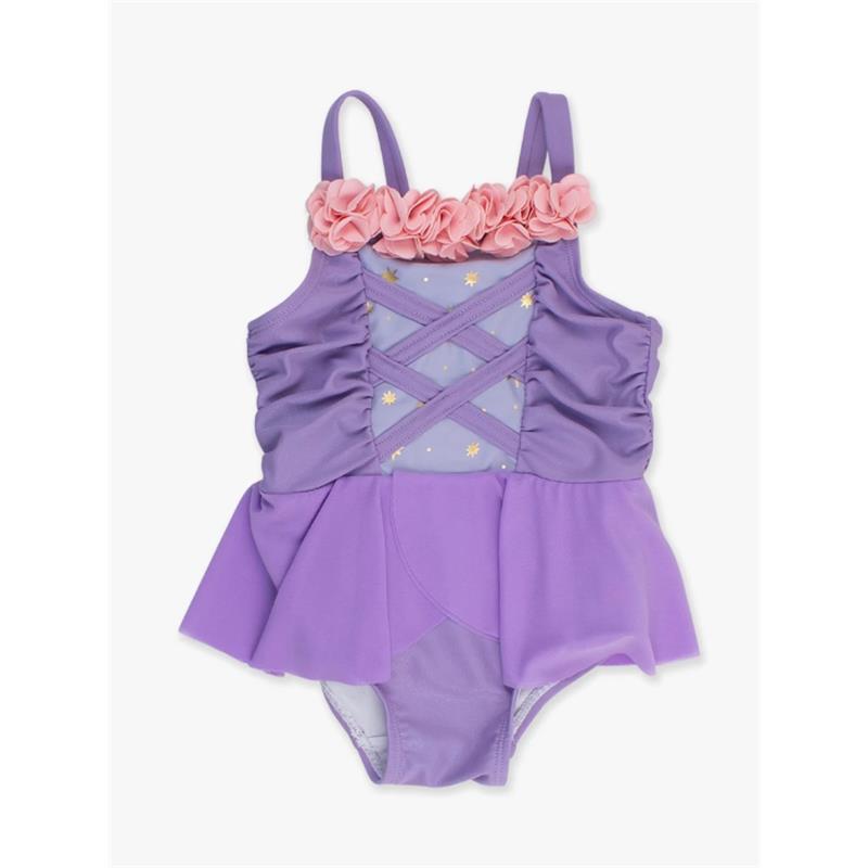 Baby girl one-piece swimsuit in amethyst with a ruffled skirt and pink floral trim. Features cross-back detail and star pattern.