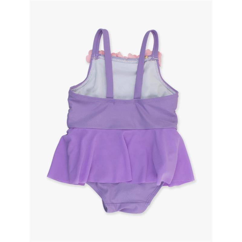 Baby girl one-piece swimsuit by Rufflebutts in amethyst, featuring a layered ruffle skirt and adjustable straps.