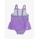 Baby girl one-piece swimsuit by Rufflebutts in amethyst, featuring a layered ruffle skirt and adjustable straps.